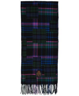 Women's Wool Plaid Patchwork Wrap Scarf with Crest Patch