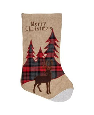 Plaid Reindeer With Forest Trees Christmas Stocking