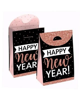 Rose Gold Happy New Year - New Years Eve Gift Favor Bags - Party Goodie Boxes - Set of 12