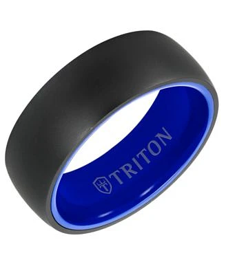 Men's Rounded Edge Wedding Band Blue Ceramic & Raw Black Tungsten Carbide
