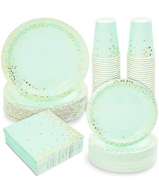 Gold Foil Polka Dot Dinnerware Set for Baby Shower (Serves 50, Mint Green, 200 Pieces)