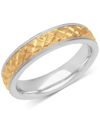Men's Quilt Carved Two-Tone Wedding Band in Sterling Silver & 18k Gold-Plate