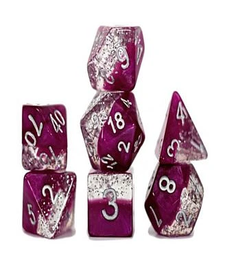 Halfsies Dice Glitter Edition Wine 7 Piece Rpg Dice Set, Roleplaying, Comes in Plastic Dice Keeper, Wine Fine Silver Glitter, 2 Tone Dice Set