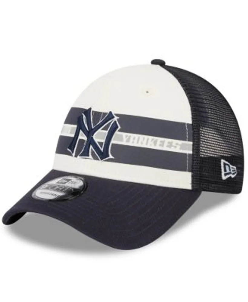 Men's White, Navy Detroit Tigers Team Stripe Trucker 9Forty Snapback Hat