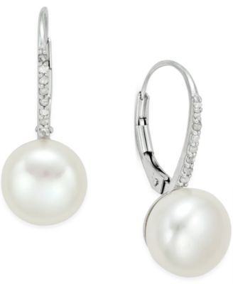 Cultured Freshwater Pearl (10mm) and Diamond (1/10 ct. t.w.) Leverback Earrings in Sterling Silver