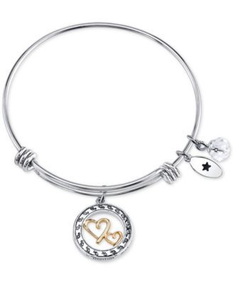 Two-Tone Double Heart Mother Daughter Charm Bangle Bracelet in Stainless Steel with Silver Plated Charms