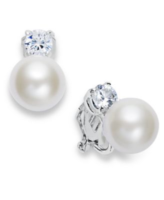 Silver-Tone Glass Pearl and Crystal Clip On Earrings