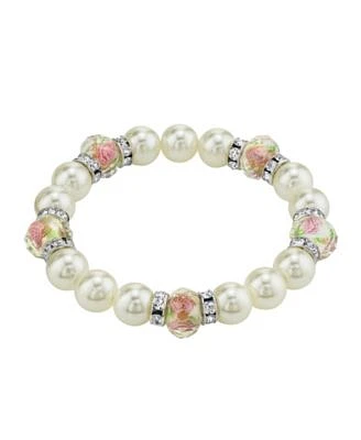 Silver Tone Faux Pearl Pink Flower Beaded Stretch Bracelet