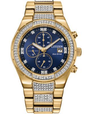 Men's Chronograph Eco-Drive Crystal Gold-Tone Stainless Steel Bracelet Watch 42mm