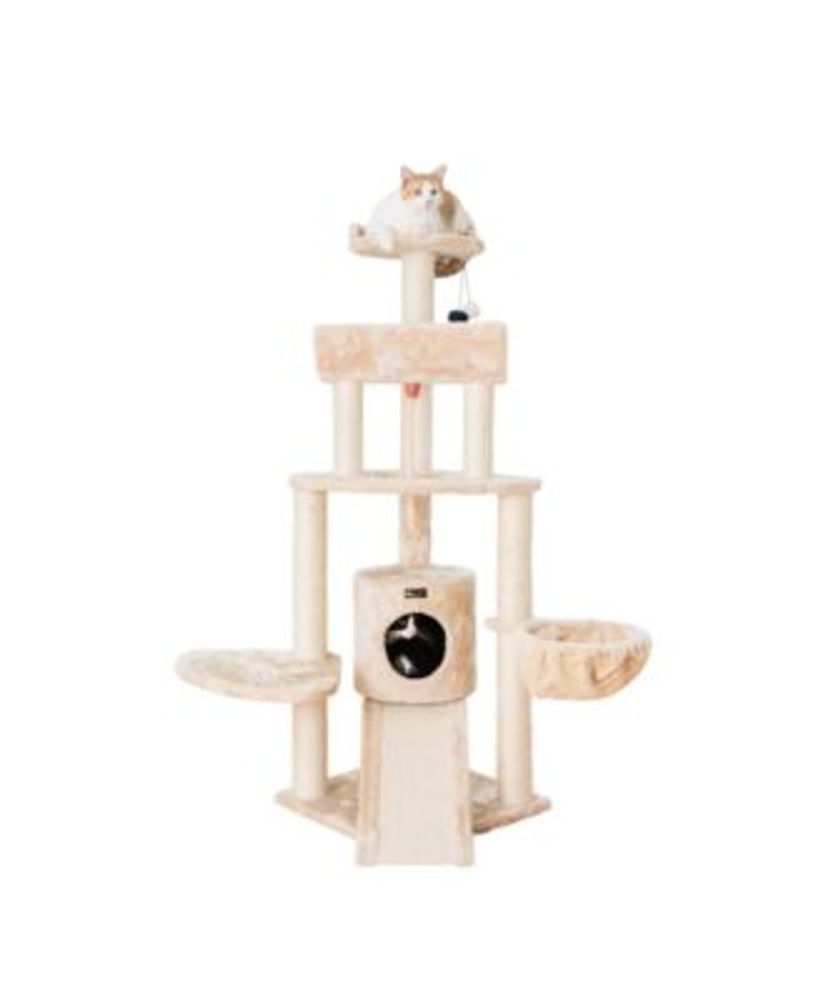 Spacious Faux Fur Real Wood Cat Tower With Basket Lounge, Ramp