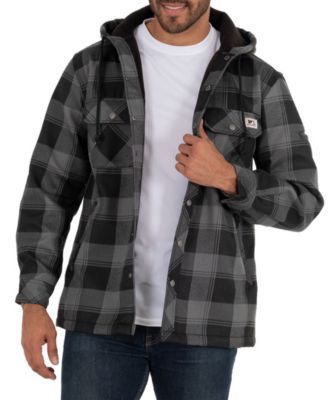 Men's Yarn Dye Twill Polar Fleece Flannel Bonded Overshirt Jacket with Hoodie