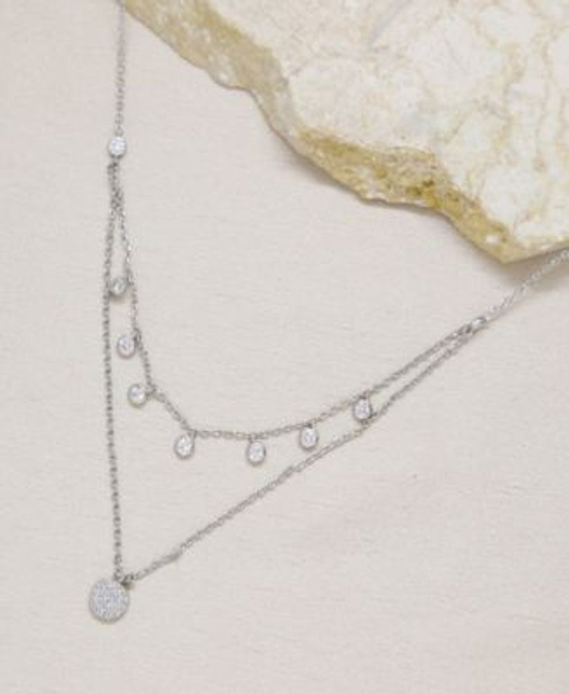 Double Layered Rhodium Chain Crystal Disc Women's Necklace