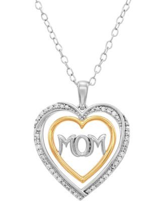  Diamond Heart Mom 18" Pendant Necklace (1/10 ct. t.w.) in Sterling Silver & 14k Gold Over Sterling Silver