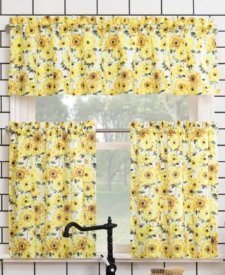 Sunny Sunflower Print Semi-Sheer Rod Pocket Kitchen Curtain Valance and Tiers Set, 54" x 36"
