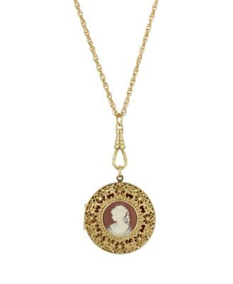 Women's 14K Gold Dipped Carnelian Cameo Round Filigree Locket Necklace