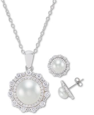 2-Pc. Set Cultured Freshwater Pearl (7mm & 9mm) Cubic Zirconia Pendant Necklace & Matching Stud Earrings in Sterling Silver