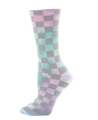 Checkered Ribbed Half Cushion Women's Crew Socks with Arch Support