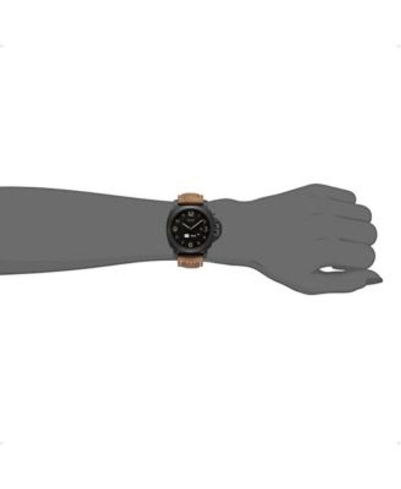 Connected Men's Hybrid Smartwatch Fitness Tracker: Black Case with Brown Leather Strap 44mm