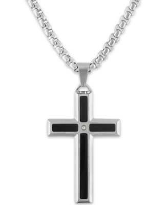 Men's Diamond Accent Black Enamel Cross 24" Pendant in Stainless Steel