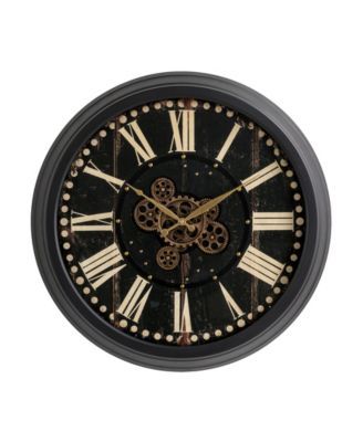 27.5"D Oversized Vintage Round Black Gear Clock With Tempered Glass