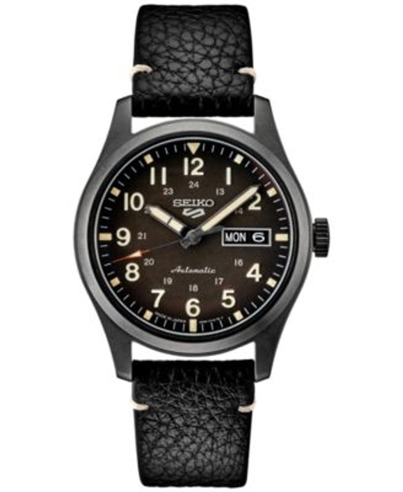 Seiko Men's Automatic 5 Sports Black Leather Strap Watch 43mm | Montebello  Town Center