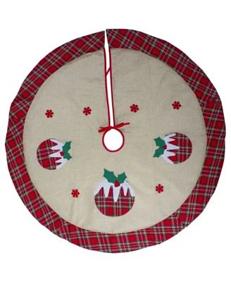 48" Burlap Plaid Tree Skirt with Christmas Puddings