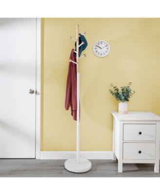 Freestanding White Wood-Accented Corner Coat Rack with 6 Hooks