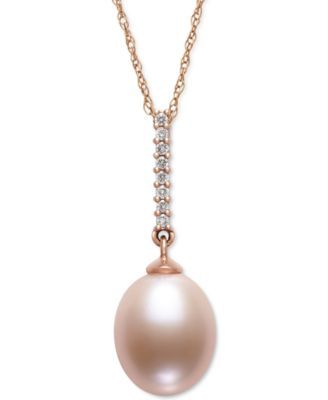 Pink Cultured Freshwater Pearl (8-9mm) & Diamond (1/20 ct. t.w.) 18" Pendant Necklace in 14k Rose Gold, Created for Macy's