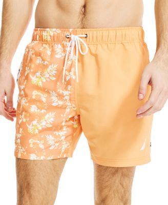 Men's Tropical-Print Colorblocked Swim Shorts