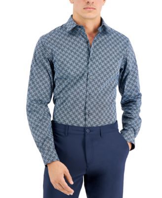 Men's Slim Fit 2-Way Stretch Stain Resistant Houndbone Geo Dress Shirt, Created for Macy's