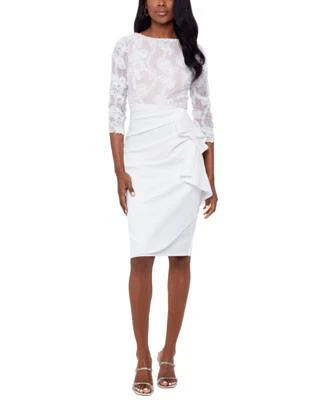 Women's Boat-Neck Lace-Top Draped-Skirt Dress