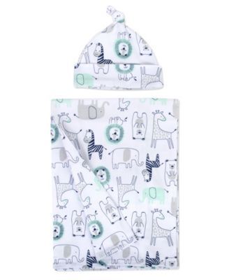 Baby Boys Soft Safari Animal Print Swaddle Wrap Blanket with Matching Hat, 2 Piece Set