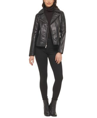 Women's Quilted-Sleeve Leather Moto Coat