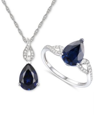 2-Pc. Set Lab-Created Sapphire (3-1/3 ct. t.w.) & Lab-Created White Sapphire (1/5 ct. t.w.) Pendant Necklace & Matching Ring in Sterling Silver