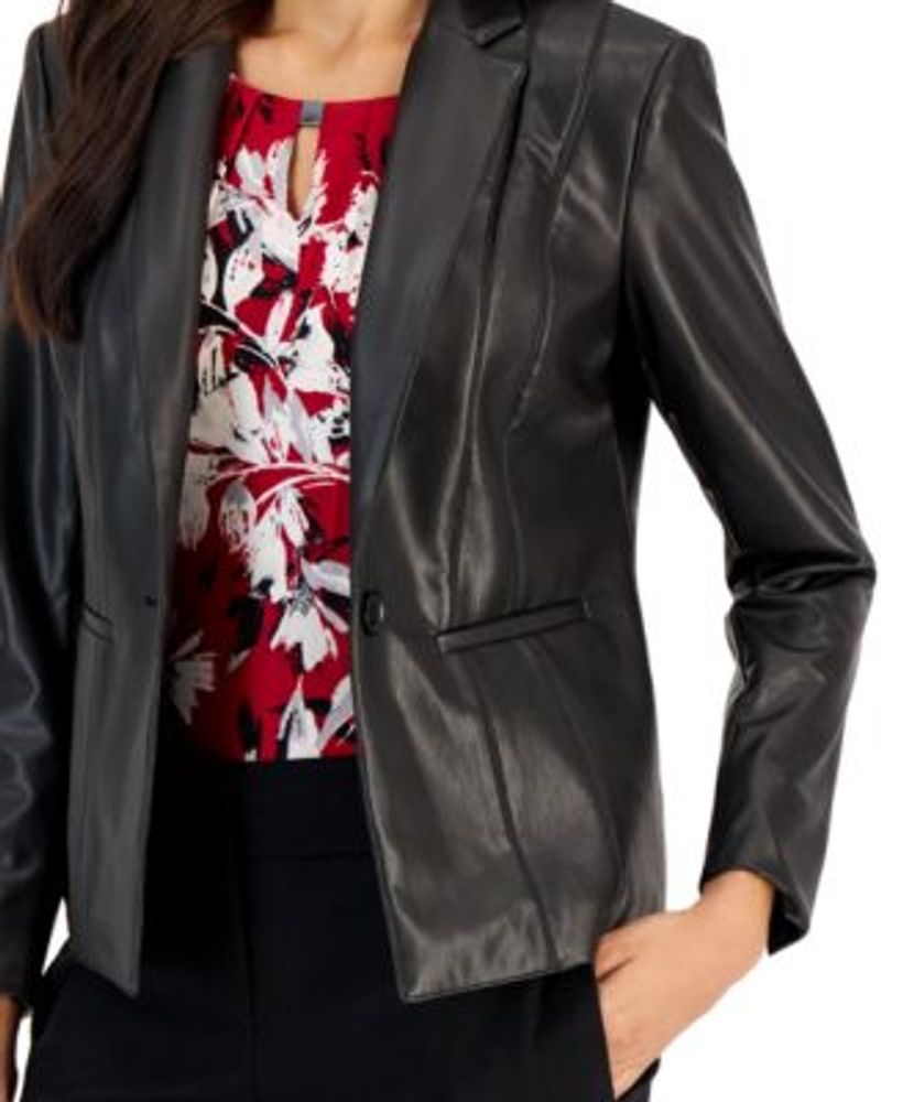 Women's Faux-Leather Seamed One-Button Jacket