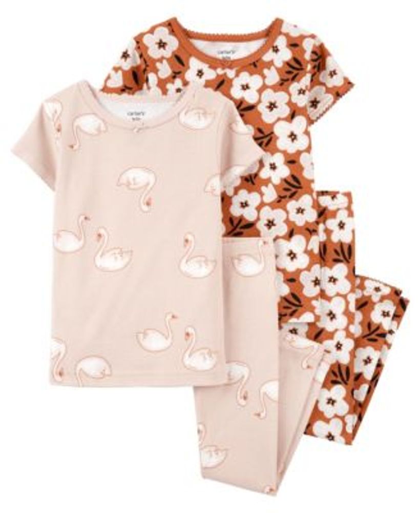 Toddler Girls Short Sleeve T-shirt and Pajama, 4-Piece Set