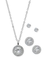 3-Pc. Set Cubic Zirconia Halo Pendant Necklace, Halo Stud Earrings & Solitaire Stud Earrings in Sterling Silver, Created for Macy's