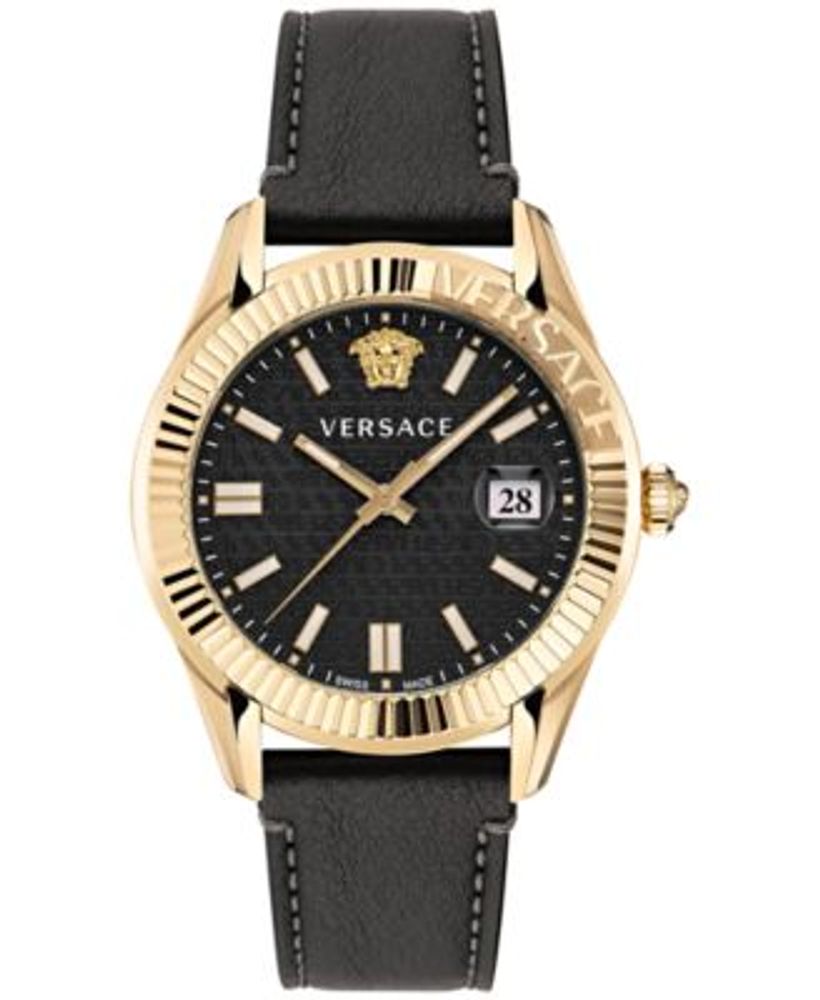 Men's Swiss Greca Time Black Leather Strap Watch 41mm