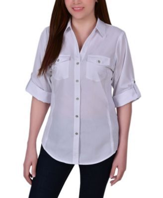 Women's Roll Tab Blouse with Rib Insets