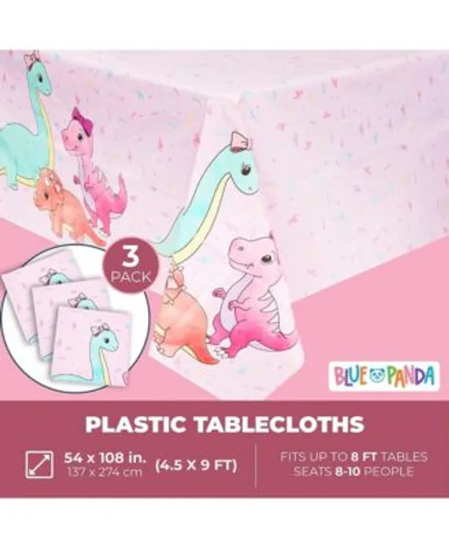 Blue Panda Pink Dinosaur Party Decorations for Girl's Birthdays, Plastic Tablecloth (54 x 108 in, 3 Pack)