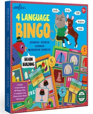 4 Language Bingo Game and Spanish, French, German, Mandarin Chinese, Ages 3 and up