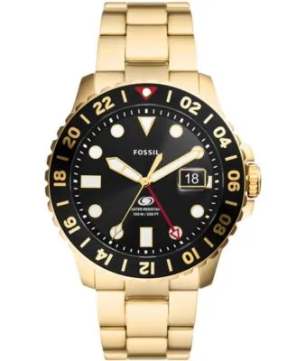 Men's Fossil Blue GMT Gold Tone Stainless Steel Watch, 46mm