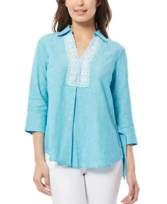 Women's Lace Trim V-Neck High-Low Linen Tunic Blouse