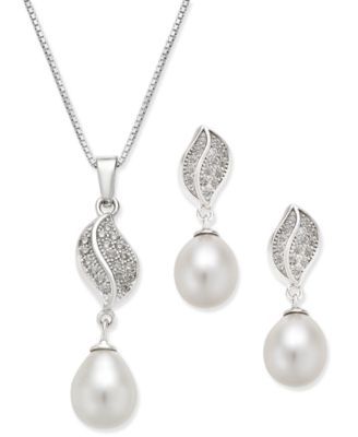 Cultured Freshwater Pearl (7x9mm) and Cubic Zirconia Pendant Necklace and Matching Drop Earrings Set in Sterling Silver
