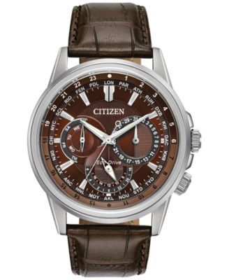 Eco-Drive Men's Calendrier Brown Leather Strap Watch 44mm 