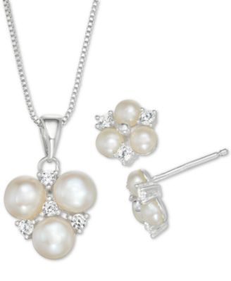 Cultured Freshwater Pearl and Cubic Zirconia Pendant Necklace and Stud Earrings Set in Sterling Silver