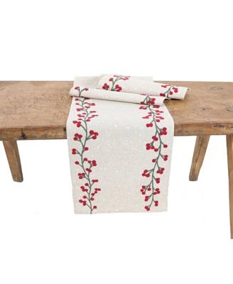 Holly Berry Branch Crewel Embroidered Christmas Table Runner