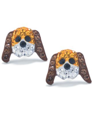 Brown and White Pave Crystal Dog Face Stud Earrings set in Sterling Silver