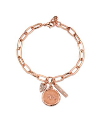 Rose Gold Tone Plated Silver "Mom" Crystal Heart Charm Link Bracelet