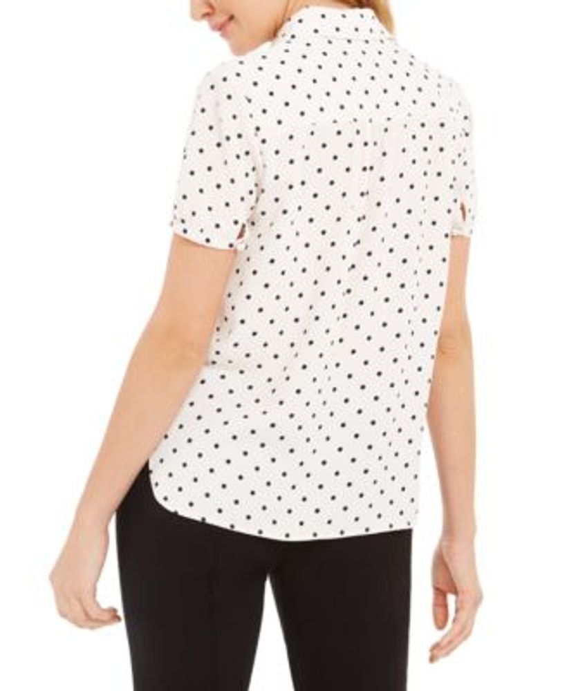 Dot-Print Button-Up Short-Sleeve Blouse